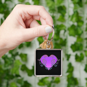 Elegant, Romantisk Lila Hjärtat med Flourish Fyrkantig Silverfärgad Nyckelring