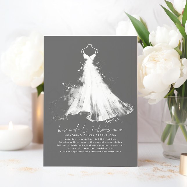 Elegant Romantisk minimalistisk Grått-Möhippa Inbjudningar (Wedding Dress Elegant Bridal Shower Invitation)