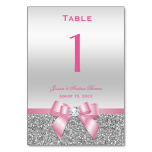 Elegant Romantisk Rosa Bow & Silver Glitter Bröllo Bordsnummer