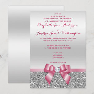 Elegant Romantisk Rosa Bow & Silver Glitter Bröllo Inbjudningar