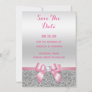 Elegant Romantisk Rosa Bow & Silver Glitter Bröllo Spara Datumet