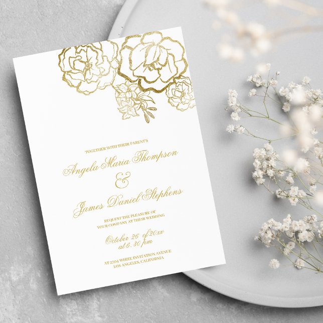 Elegant romantisk vit guld blommigt bröllop inbjudningar ( Elegant romantic white gold floral wedding)