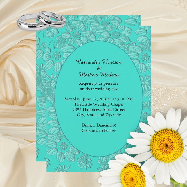 Elegant Romantiska Daisy Blommigt Turkos Bröllop Inbjudningar (Elegant Romantic Daisies Floral Turquoise Wedding Invitation)
