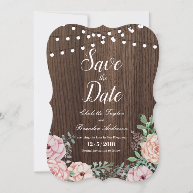 Elegant ros Save the Date-kort - rustikt trä Spara Datumet (Framsida)