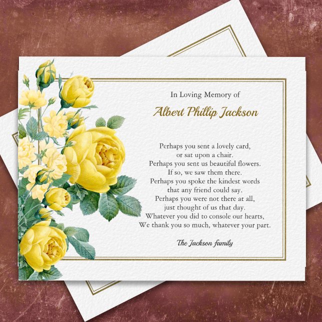 Elegant ros sympati begravning tackkort tack kort (Elegant Yellow Rose Bereavement Memorial Sympathy Funeral Thank You Card)