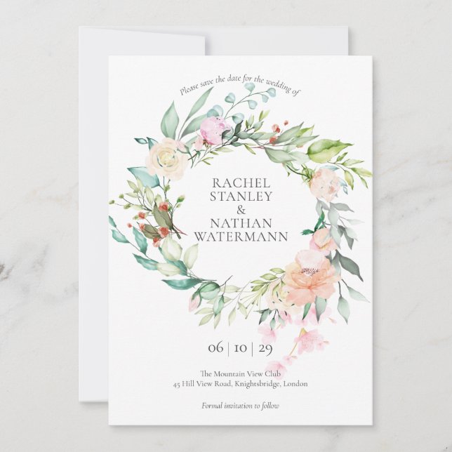 Elegant Ros Vattenfärg Girland Blommig Bröllop Spara Datumet (Framsida)