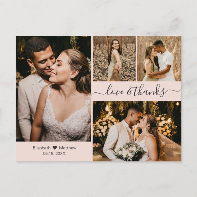 Elegant Rosa 4 Photo Collage Bröllop Tack Vykort (Framsida)