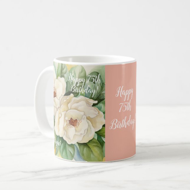 Elegant  Rosa 75:e Birthday Blommigt Add Namn Kaffemugg (Framsida vänster)