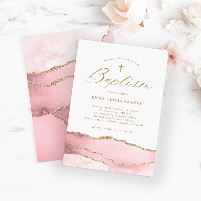 Elegant  Rosa Agate med Guld Kor | Baptism Inbjudningar (Skapare uppladdad)