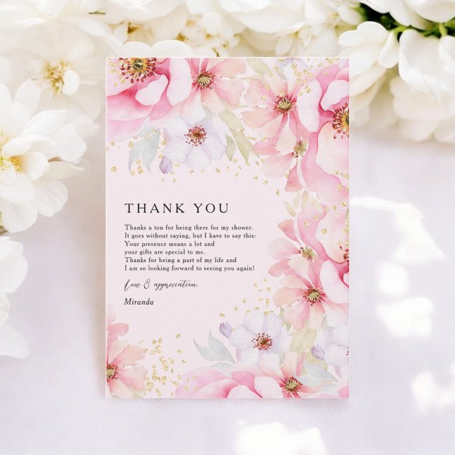 Elegant Rosa Akvarell Guld Blommig Bröllopsfest Tack Kort (Elegant Pink Watercolor Gold Floral Bridal Shower Thank You Card)