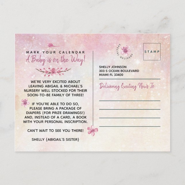 Elegant Rosa Akvarell It's A Girl Baby Shower Vykort (Baksida)