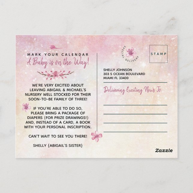 Elegant Rosa Akvarell It's A Girl Baby Shower Vykort (Baksida)
