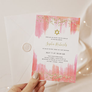 Elegant Rosa Akvarell och Guld   Bat Mitzvah Inbjudningar
