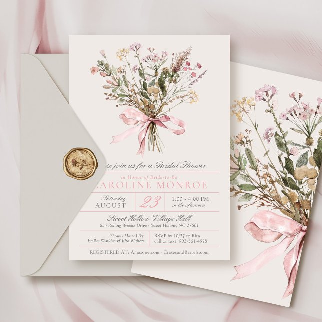 Elegant Rosa Akvarell Slinga Blommig Bröllopsdusch Inbjudningar (Elegant pink watercolor wildflower floral bouquet and bow vintage botanical bridal shower invitation)