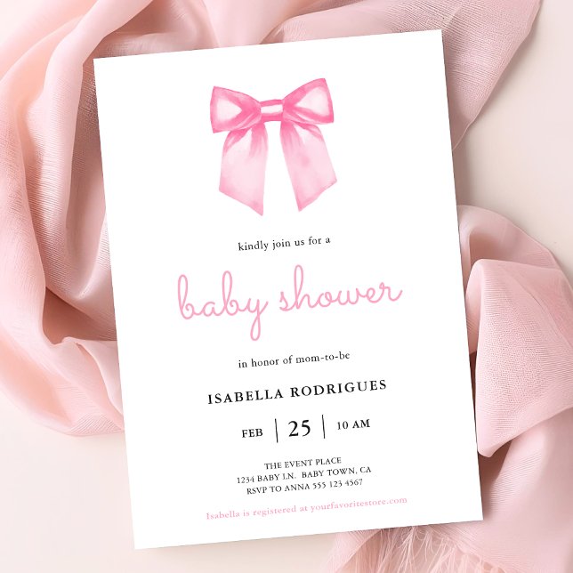 Elegant Rosa Akvarellbåge Bebisens Bröllop Inbjuda Inbjudningar (Invite shown in 5 x 7 inches, choose size, paper and corner style. Buy print or digital invitations.)