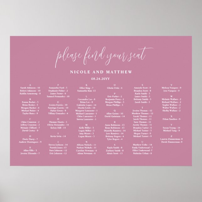 Elegant rosa alfabetisk bröllopsplatskarta poster (Framsidan)
