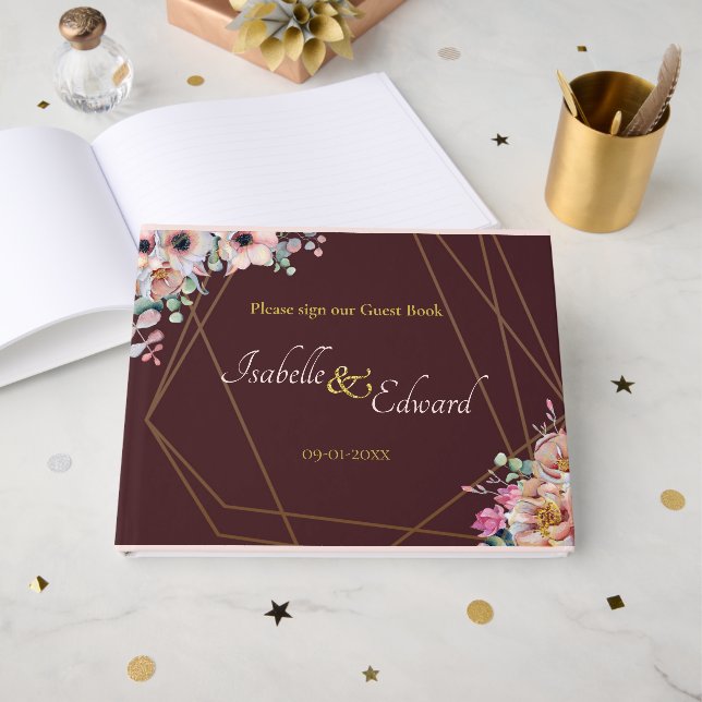 Elegant  Rosa Anemone Blommigt Geometric Ramar Gästböcker (Framsida Öppen)