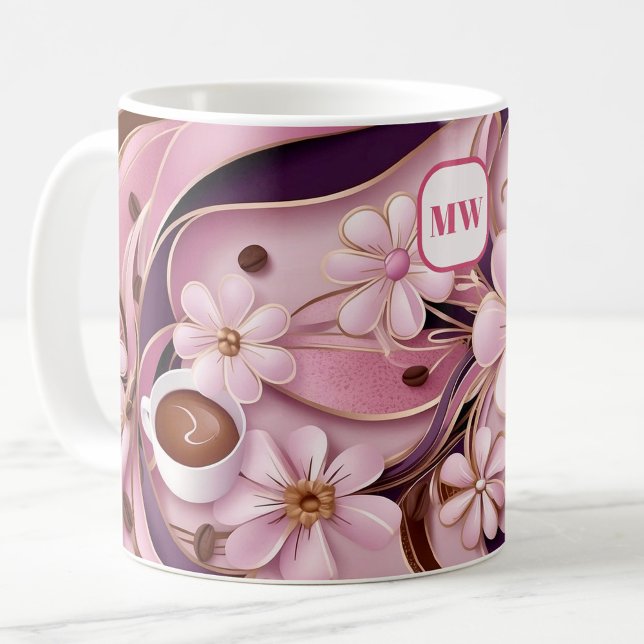 Elegant rosa av kaffeblommor och ribbon monogram kaffemugg (Skapare uppladdad)