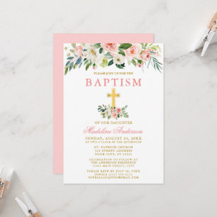 Elegant Rosa av vattenfärg Vit Blommigt Guld Bapti Inbjudningar