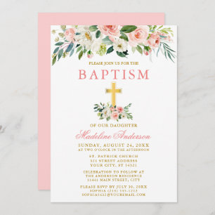 Elegant Rosa av vattenfärg Vit Blommigt Guld Bapti Inbjudningar