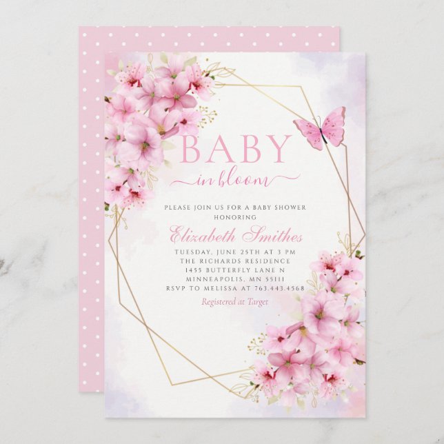 Elegant Rosa Baby i Bloom Script Girl Baby Shower Inbjudningar (Fram/baksida)