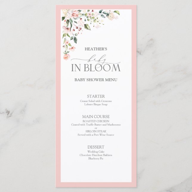 Elegant Rosa Baby i Bloom Script Girl Baby Shower Meny (Framsida)