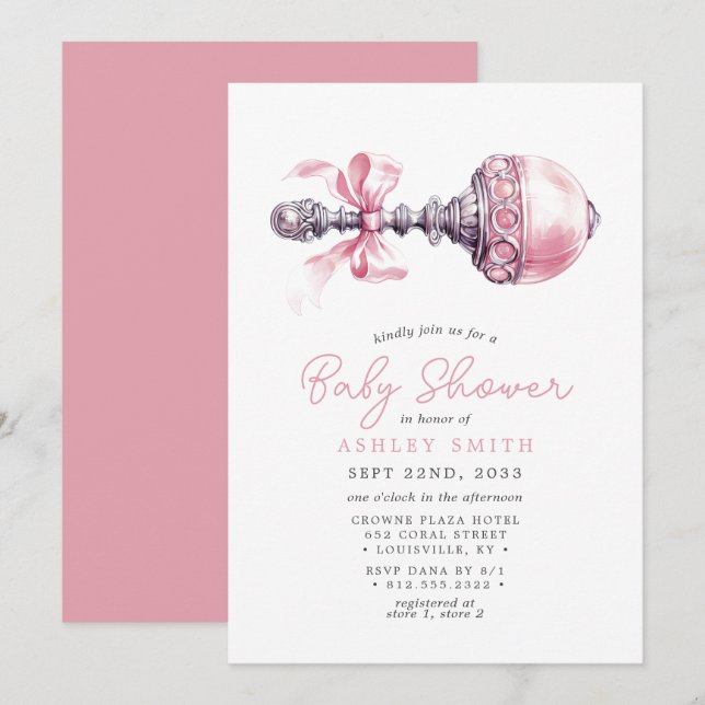 Elegant Rosa Babyrngla Flicka Bebisens Första Föde Inbjudningar (Fram/baksida)