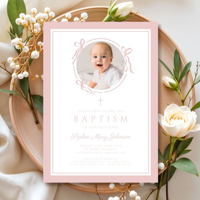 Elegant Rosa Båg Flicka Foto Dop Inbjudningar (Elegant Pink Bow Girl Photo Baptism Invitation)
