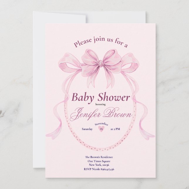 Elegant Rosa Båge Bebis Shower Inbjudan för Flicko (Framsida)