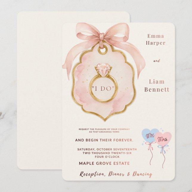 Elegant Rosa Båge Bröllopsinbjudan | Redigerbar Di Inbjudningar (Fram/baksida)