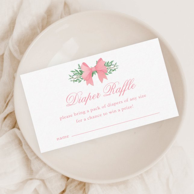 Elegant Rosa Båge Flicka Baby Shower Blöja Lotteri Tilläggskort (Elegant pink bow greenery baby shower diaper raffle enclosure cards.)