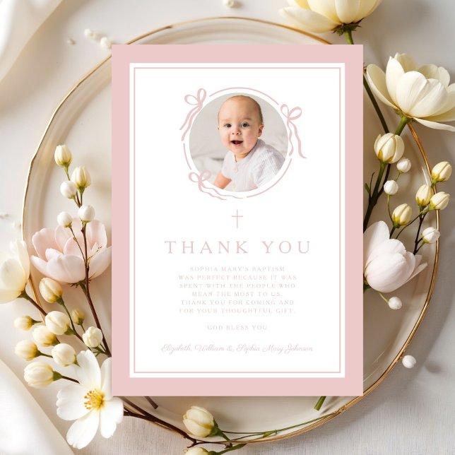 Elegant rosa båge flicka dop foto tack kort (Elegant Pink Bow Girl Baptism Photo Thank You Card)
