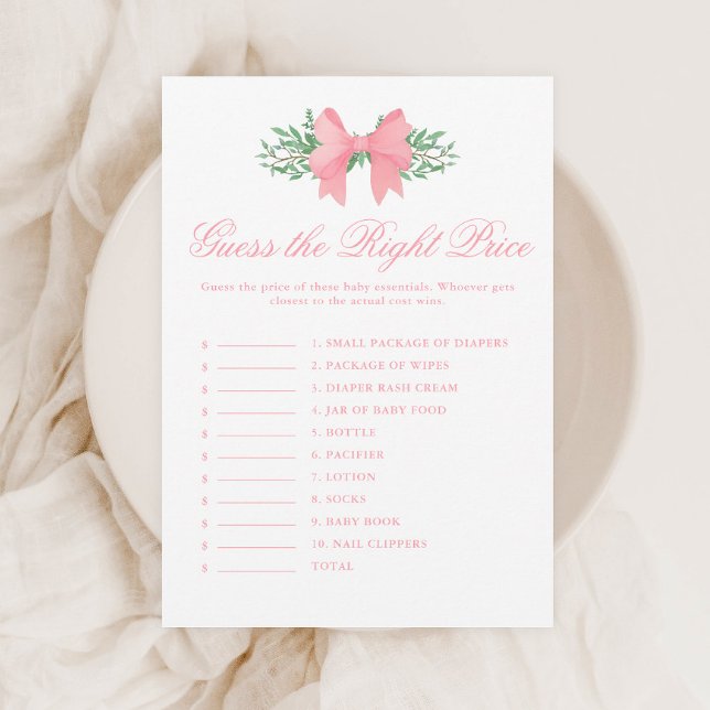 Elegant rosa båge Gissa priset Baby Shower-spel Inbjudningar (Elegant Pink Bow Guess the Right Price Baby Shower Games.)