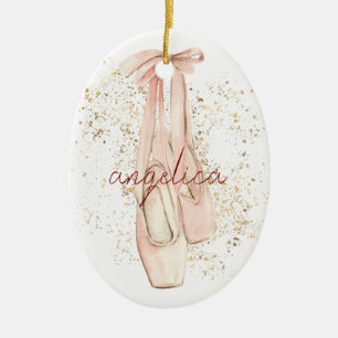 Elegant Rosa Ballerina Dancer Shoes Guld Glitter Julgransprydnad Keramik