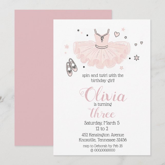 Elegant Rosa Ballerinajubileum Inbjudningar (Fram/baksida)