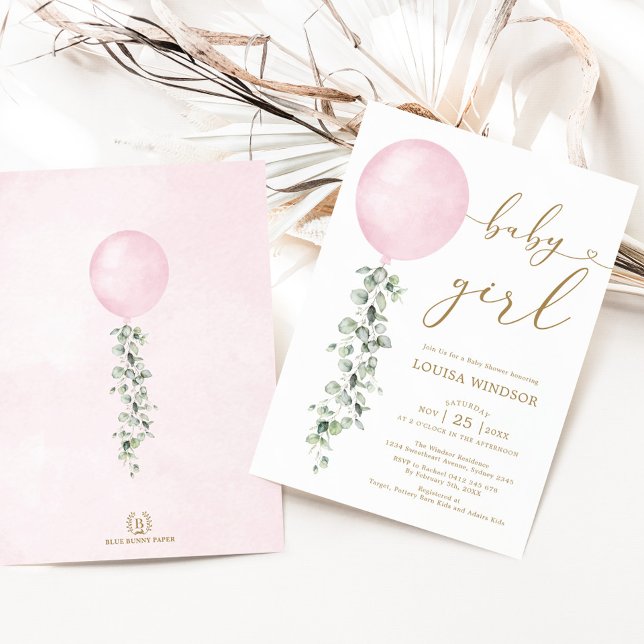 Elegant Rosa Balloon Eucalyptus Girl Baby Shower Inbjudningar (Skapare uppladdad)