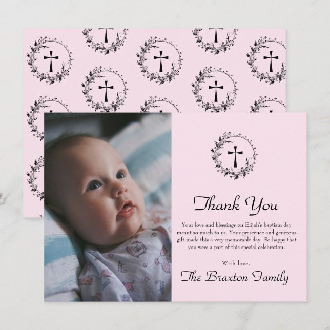 Elegant Rosa Baptism Baby Photo Tackto You Card Tack Kort (Fram/baksida)