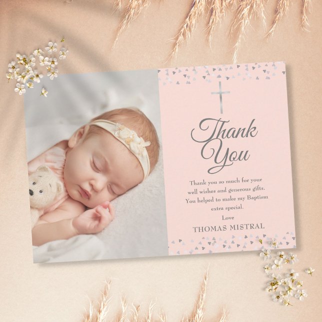 Elegant Rosa Baptism Silver Hearts Photo Tack Kort (Skapare uppladdad)