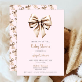 Elegant Rosa Beige Coquette Bow Baby Shower Inbjudningar