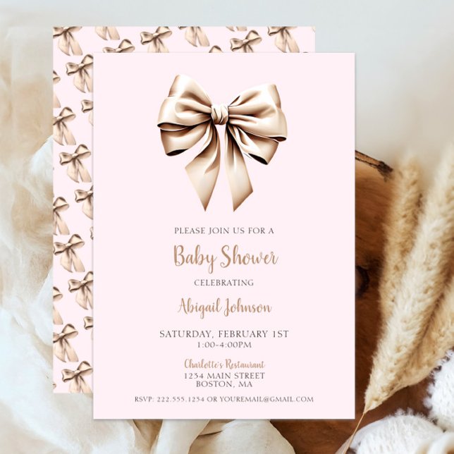Elegant Rosa Beige Coquette Bow Baby Shower Inbjudningar (Chic Blush Pink Beige Coquette Bow Baby Shower Invitation, Modern Script, Classic Baby Girl Shower)