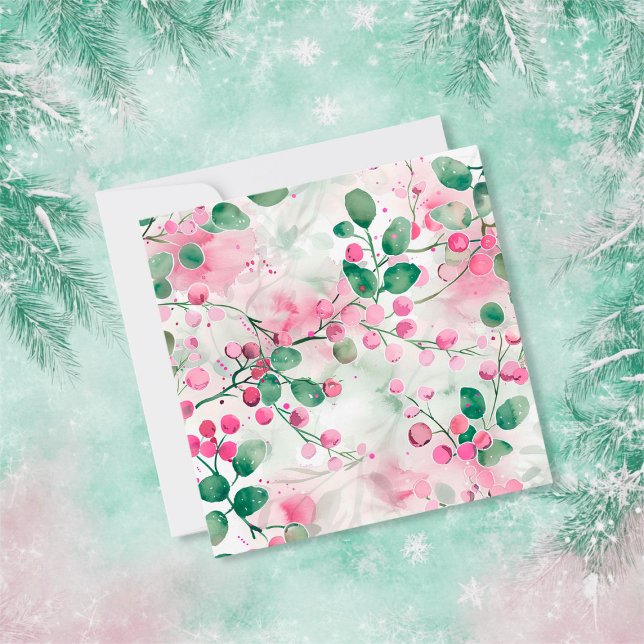 Elegant Rosa Berries Blommigt Helgdag Art Card Julkort (Elegant Pink Berries Floral Christmas Art Card)