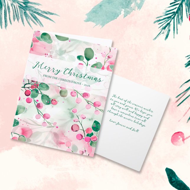 Elegant Rosa Berries Blommigt jul Helgkort (Elegant Pink Berries Floral Folded Christmas Card)