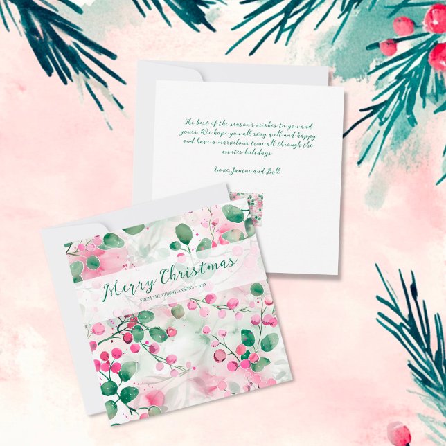 Elegant Rosa Berries Blommigt jul Julkort (Elegant Pink Berries Floral Flat Christmas Card)
