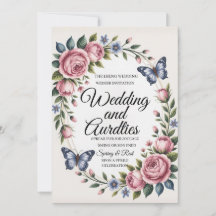 Elegant Rosa & Blå Akvarell Blommig Bröllopsinbjud