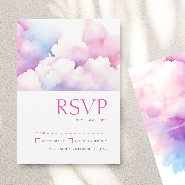Elegant Rosa Blå Akvarellmoln Bröllop RSVP Spara Datumet (Elegant Pink Blue White Clouds Monogram Wedding Save The Date)