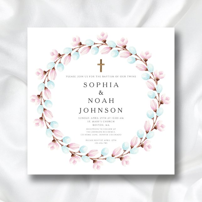 Elegant Rosa Blå Kors Tvillingar Dop Inbjudningar (Elegant Pink Blue Cross Twins Baptism Invitation)