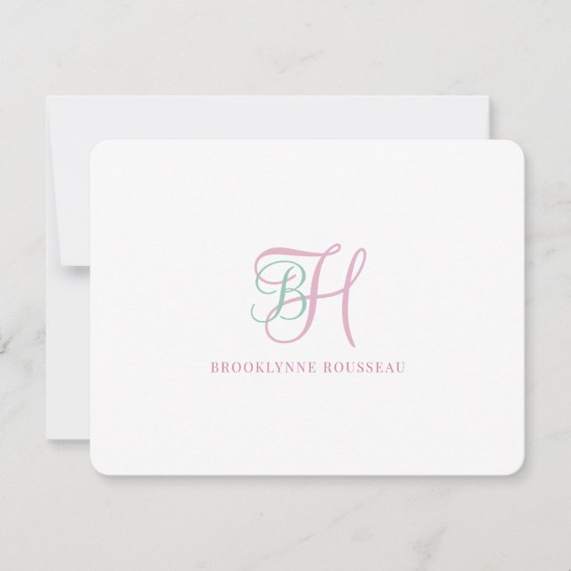 Elegant Rosa Blå Monogram Platt Notkort Anteckningskort (Framsida)