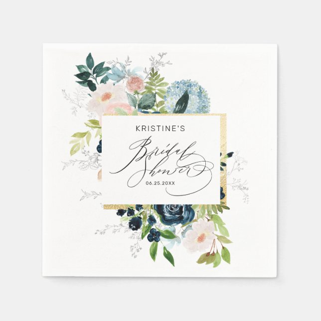 Elegant Rosa Blå Ros Akvarell Bröllopsdusch Pappersservett (Framsidan)