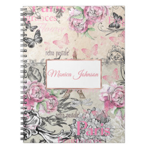 Elegant rosa Black blommigt collage Eiffel Torn Anteckningsbok