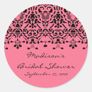 Elegant Rosa & Black Damask Bride Shower Sticker Runt Klistermärke